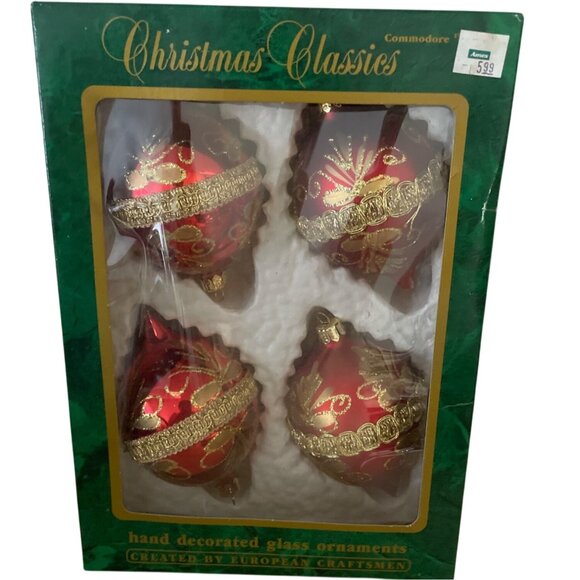 Vtg Commodore Christmas Classics Glass Ornaments Red Gold Matte Shiny Romania - Picture 1 of 10